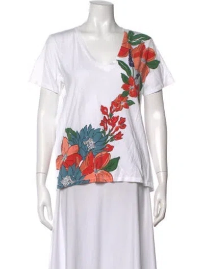 Pre-owned Tory Burch Floral Print V-neck T-shirt In White