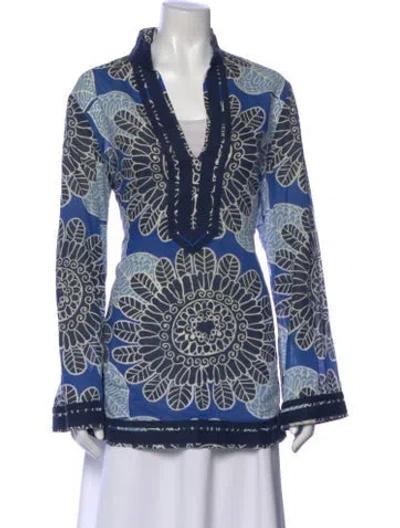 Pre-owned Tory Burch Floral Print V-neck Tunic In Blue
