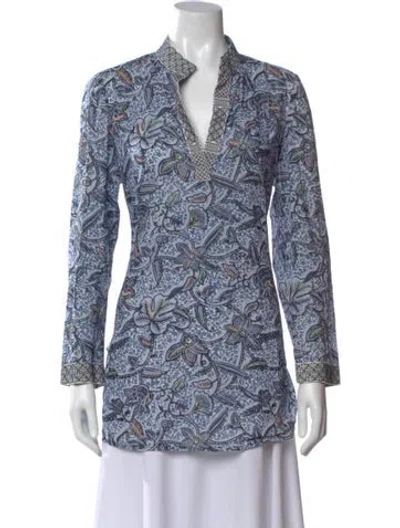 Pre-owned Tory Burch Floral Print V-neck Tunic In Blue