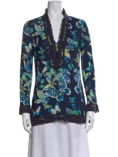 Pre-owned Tory Burch Floral Print V-neck Tunic In Blue