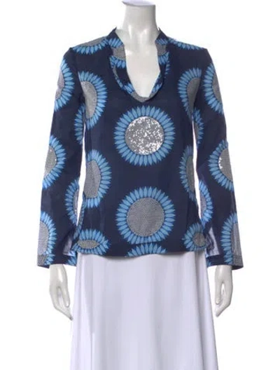 Pre-owned Tory Burch Floral Print V-neck Tunic In Blue