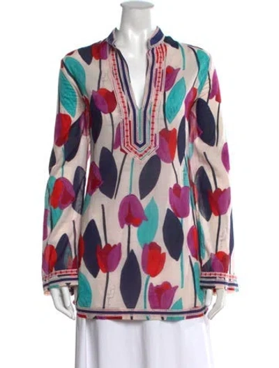 Pre-owned Tory Burch Floral Print V-neck Tunic In Blue/neutrals
