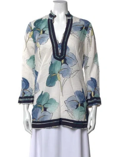 Pre-owned Tory Burch Floral Print V-neck Tunic In Blue/white