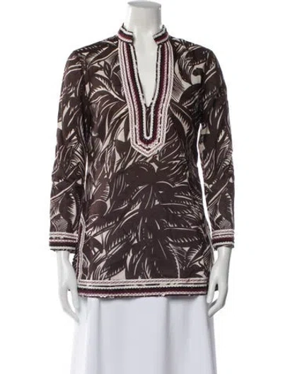 Pre-owned Tory Burch Floral Print V-neck Tunic In Brown