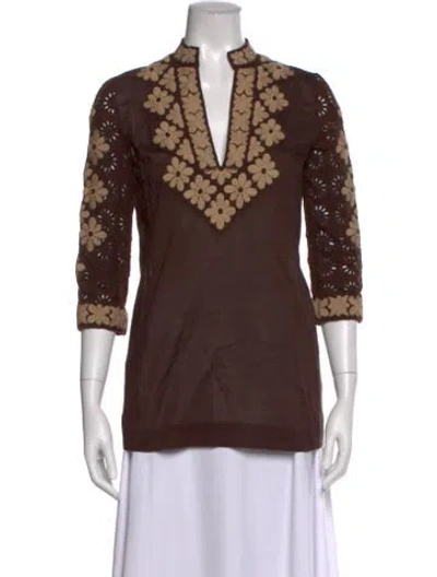 Pre-owned Tory Burch Floral Print V-neck Tunic In Brown