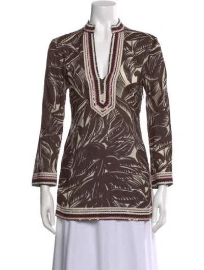 Pre-owned Tory Burch Floral Print V-neck Tunic In Brown