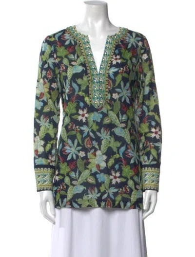 Pre-owned Tory Burch Floral Print V-neck Tunic In Green