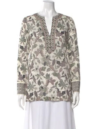 Pre-owned Tory Burch Floral Print V-neck Tunic In Neutral