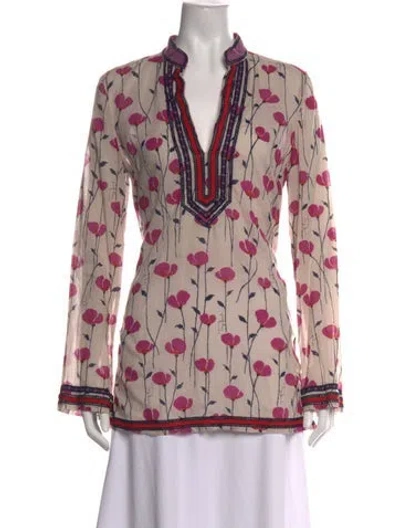 Pre-owned Tory Burch Floral Print V-neck Tunic In Neutral
