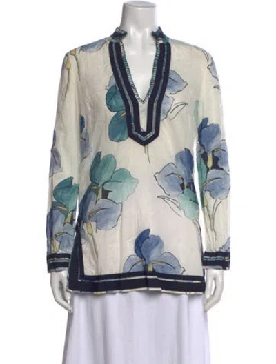 Pre-owned Tory Burch Floral Print V-neck Tunic In Neutrals