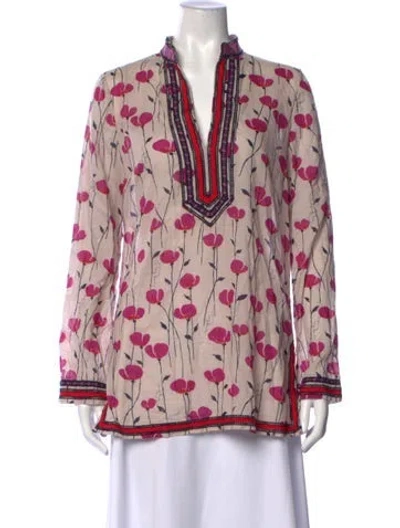Pre-owned Tory Burch Floral Print V-neck Tunic In Neutrals/purple