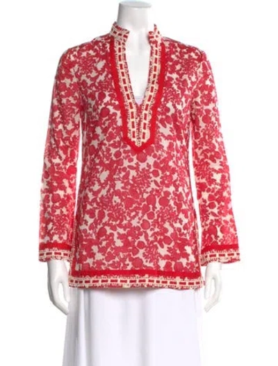 Pre-owned Tory Burch Floral Print V-neck Tunic In Red