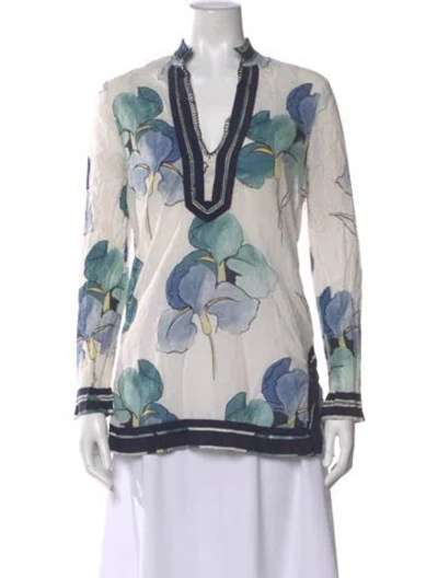 Pre-owned Tory Burch Floral Print V-neck Tunic In White