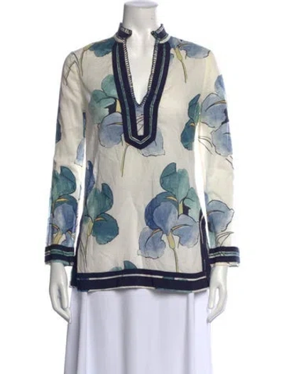 Pre-owned Tory Burch Floral Print V-neck Tunic In White
