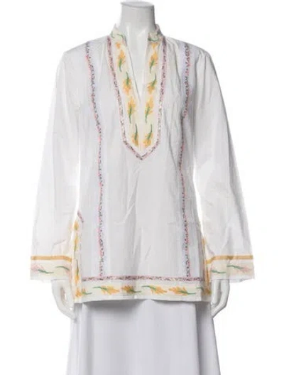 Pre-owned Tory Burch Floral Print V-neck Tunic In White