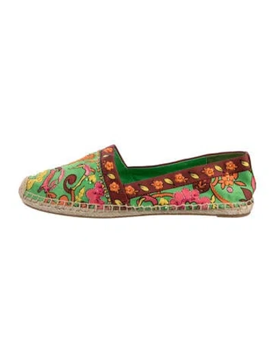 Pre-owned Tory Burch Floral Print Whipstitch Trim Espadrilles In Green