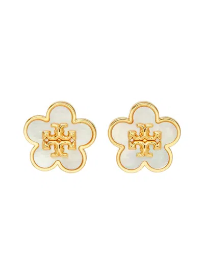 Tory Burch Floral Silhouette Mother Of Pearl Stud Earrings In Brass Blend In Metallic
