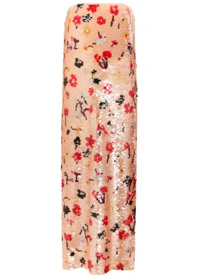 Tory Burch Floral Strapless Sequin Midi Dress In Multi