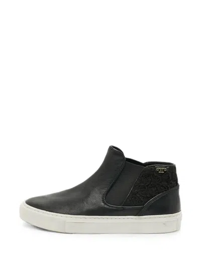 Pre-owned Tory Burch Floral-patterned Leather Sneakers In Black