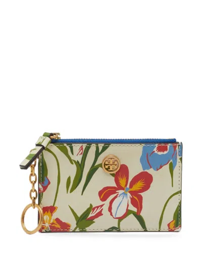 Pre-owned Tory Burch Floral-print Leather Card Case In Neutrals