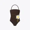 Tory Burch Flower Bandeau Swimsuit In Burgundy