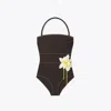 Tory Burch Flower Bandeau Swimsuit In Brown