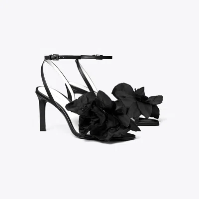Tory Burch Flower Heeled Sandal In Black