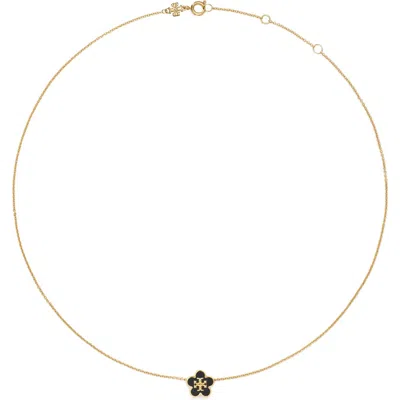 Tory Burch Flower Pendant Necklace In Tory Gold/black
