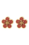 Tory Burch Flower Stud Earrings In Brass / Matchstick Red