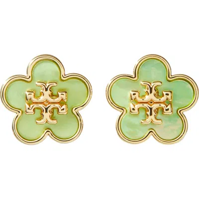 Tory Burch Flower Stud Earrings In Tory Gold/green