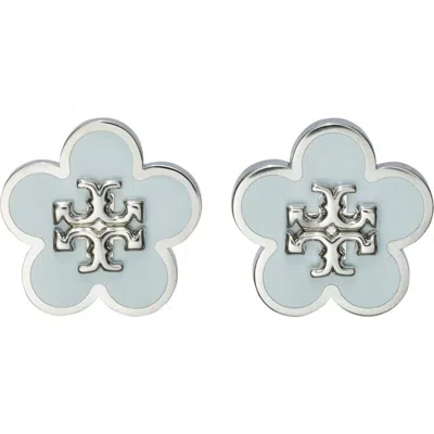 Tory Burch Flower Stud Earrings In Tory Silver / Light Blue