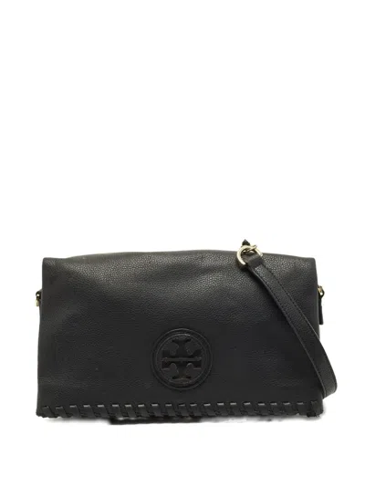 Pre-owned Tory Burch Fold-over Leather Cross Body Bag In Black