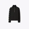 Tory Burch French Terry Logo Sleeve Half-zip Sweatshirt In Black