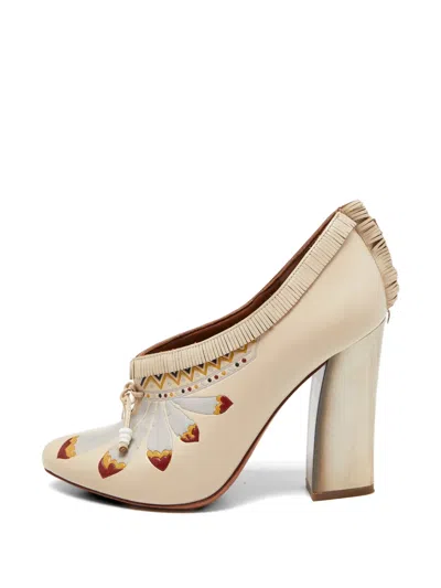 Pre-owned Tory Burch Fringed Printed Ankle Pumps In Neutral