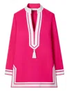 Tory Burch Tasseled Herringbone Twill-trimmed Cotton-voile Tunic In Pink