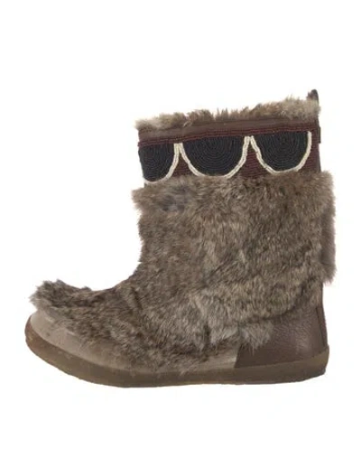 Pre-owned Tory Burch Fur Beaded Accents Boots In Brown