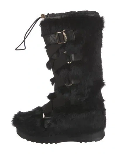 Pre-owned Tory Burch Fur Lace-up Boots In Black