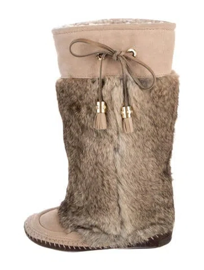 Pre-owned Tory Burch Fur Tassel Accents Boots In Neutral