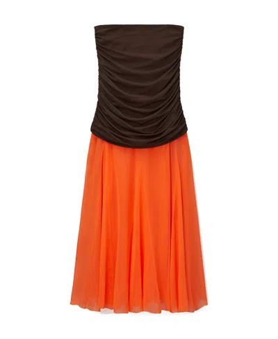Tory Burch Ruched Silk Midi Skirt In Orange