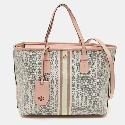 Pre-owned Tory Burch Gemini Link Top Zip Pink Coated Canvas And Leather Tote