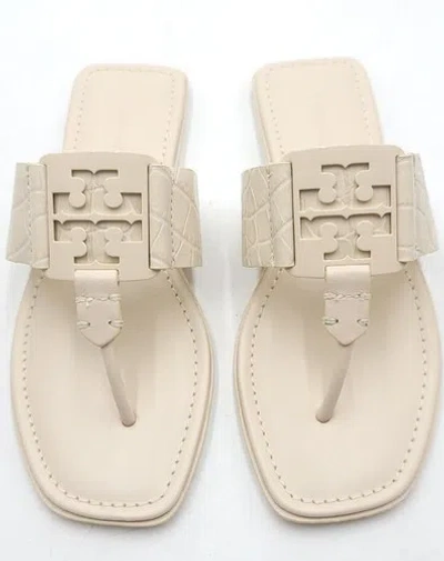 Pre-owned Tory Burch Georgia Cream Soft Croco Emboss Sandal In White