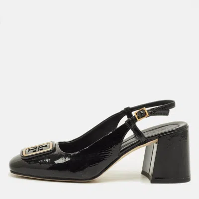 Pre-owned Tory Burch Georgia Size 37 Black Patent Leather Slingback Block Heel Pumps