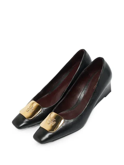 Pre-owned Tory Burch Georgia Wedge Pumps In Black