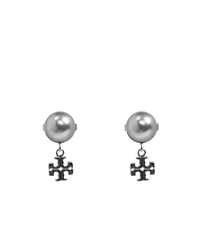 Tory Burch Double T Glass-pearl Earrings In Gray