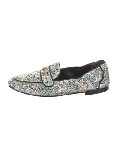 Pre-owned Tory Burch Glitter Patterned Loafers In Silver