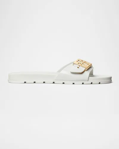 Tory Burch Glossy Buckle Slide Sandals In White