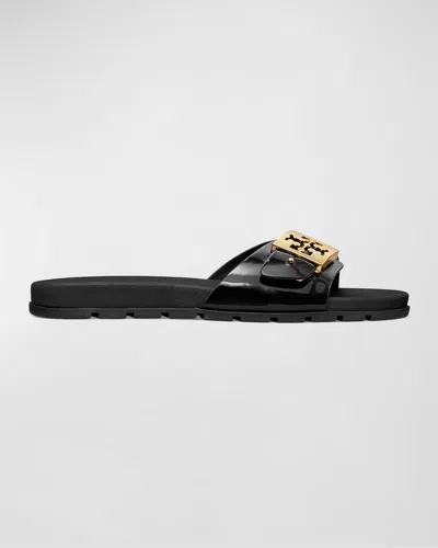 TORY BURCH GLOSSY BUCKLE SLIDE SANDALS