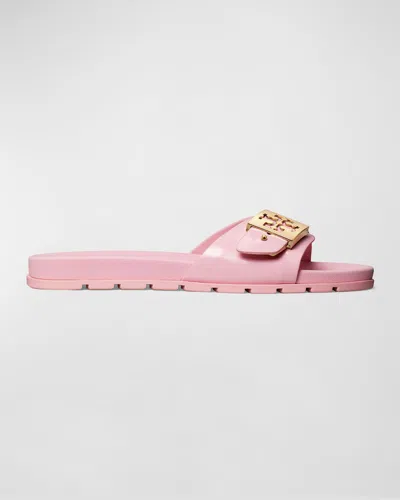 TORY BURCH GLOSSY BUCKLE SLIDE SANDALS
