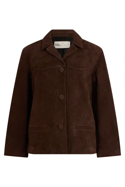 Tory Burch Goat Leather Button-front Jacket With Classic Collar In Brown