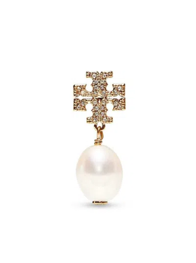 TORY BURCH GOLD-COLORED EARRINGS WITH CRYSTAL PAVÈ AND PEARL PENDANTI IN BRASS WOMAN